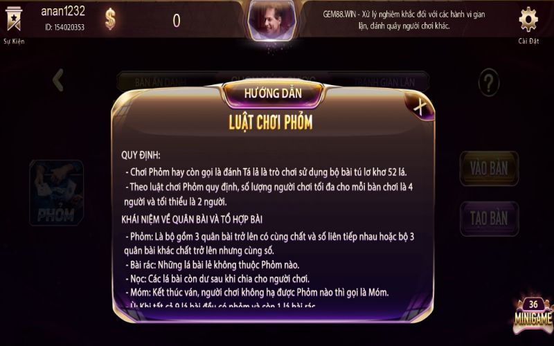 Luật chơi game bài đổi thưởng Phỏm GemWin