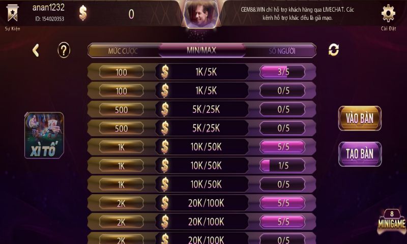 Game bài đổi thưởng Xì tố GemWin có đa dạng các mức cược khác nhau